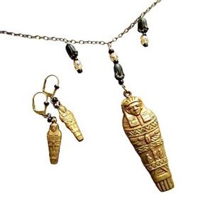 NEW Egyptian Revival jewelry set handmade necklace & earrings with mummies
